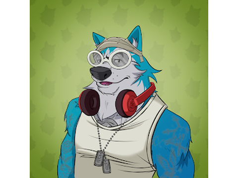 Gezeichnetes Portrait: blau-weisser Wolf mit Brille und Kopfhoerern