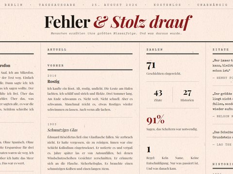 Screenshot der Startseite von Fehler und Stolz drauf im Zeitungslayout